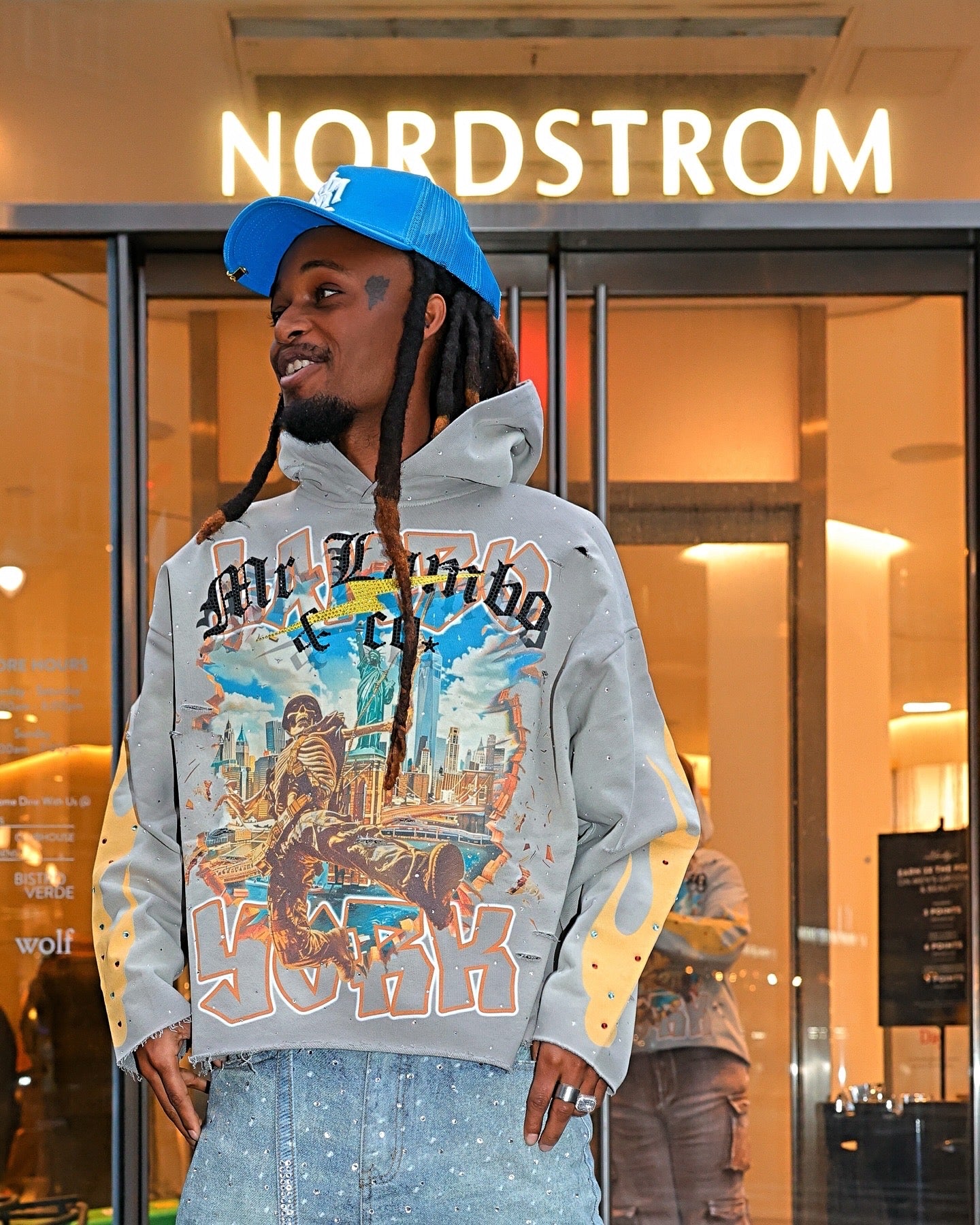 Grey Lambo York Cropped Hoodie with Rhinestones