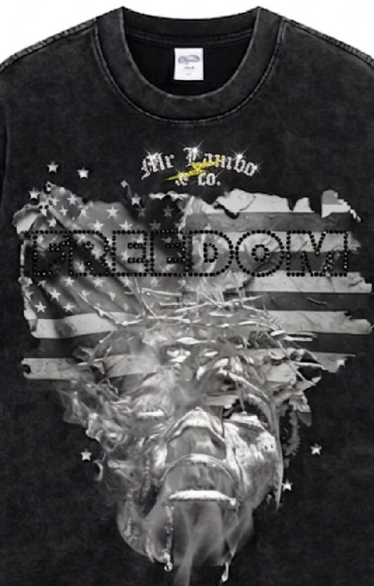 Freedom x Liberty Cropped Rhinestone Black Tee (New Arrival)