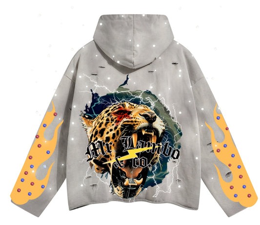 Grey Lambo York Cropped Hoodie with Rhinestones