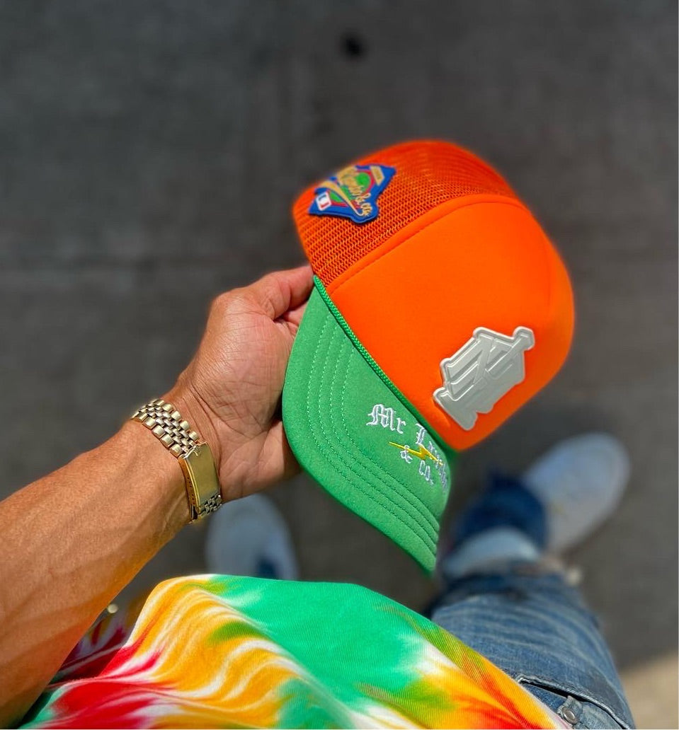 Orange and green trucker