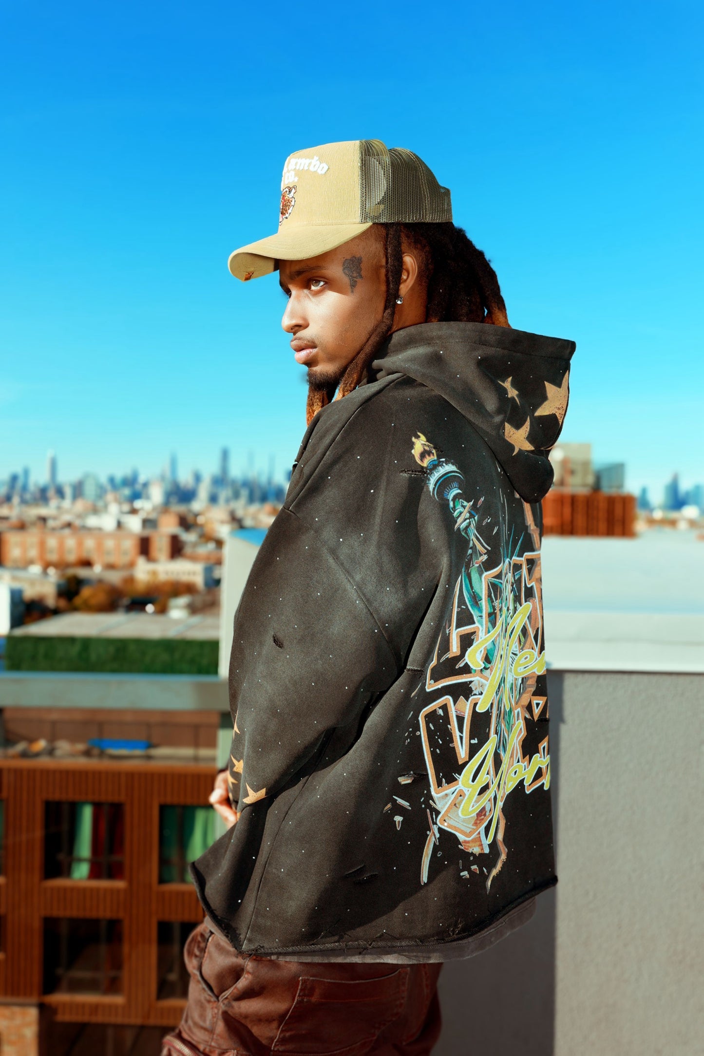 Lambo York Black Vintage Distressed Cropped Rhinestone Hoodie