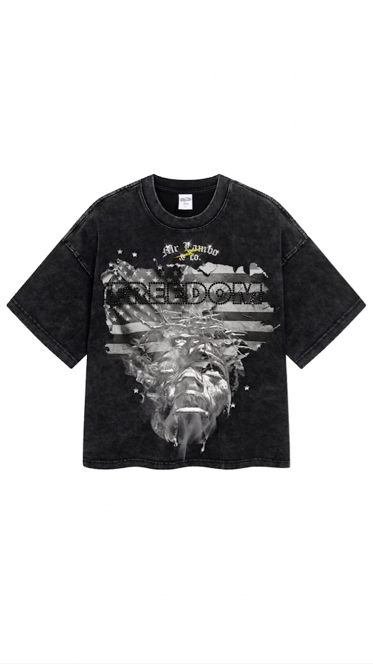 Freedom x Liberty Cropped Rhinestone Black Tee (New Arrival)