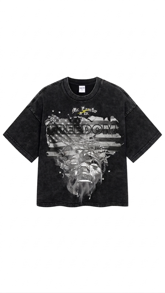 Freedom x Liberty Cropped Rhinestone Black Tee (New Arrival)