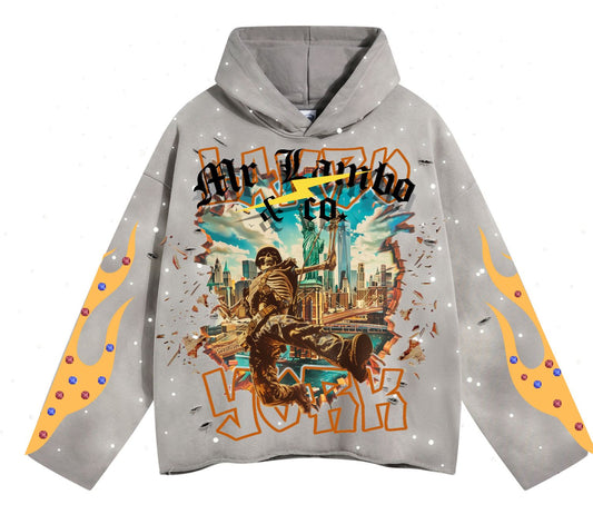 Grey Lambo York Cropped Hoodie with Rhinestones