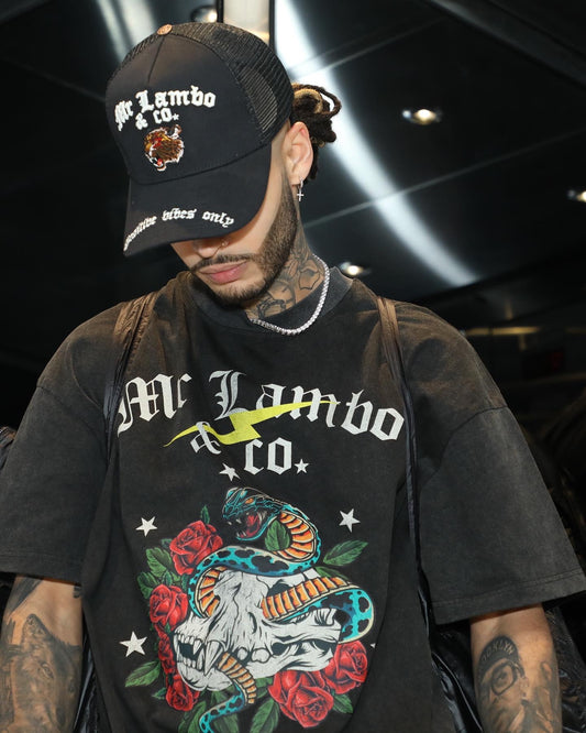 Mr Lambo classic logo skull and rose tshirt